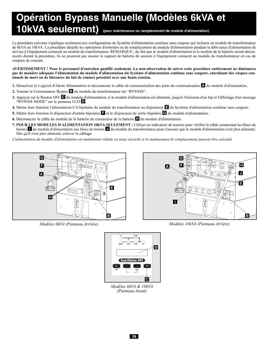 Tripp Lite 5kVA owner manual Opération Bypass Manuelle Modèles 6kVA et 10kVA seulement 