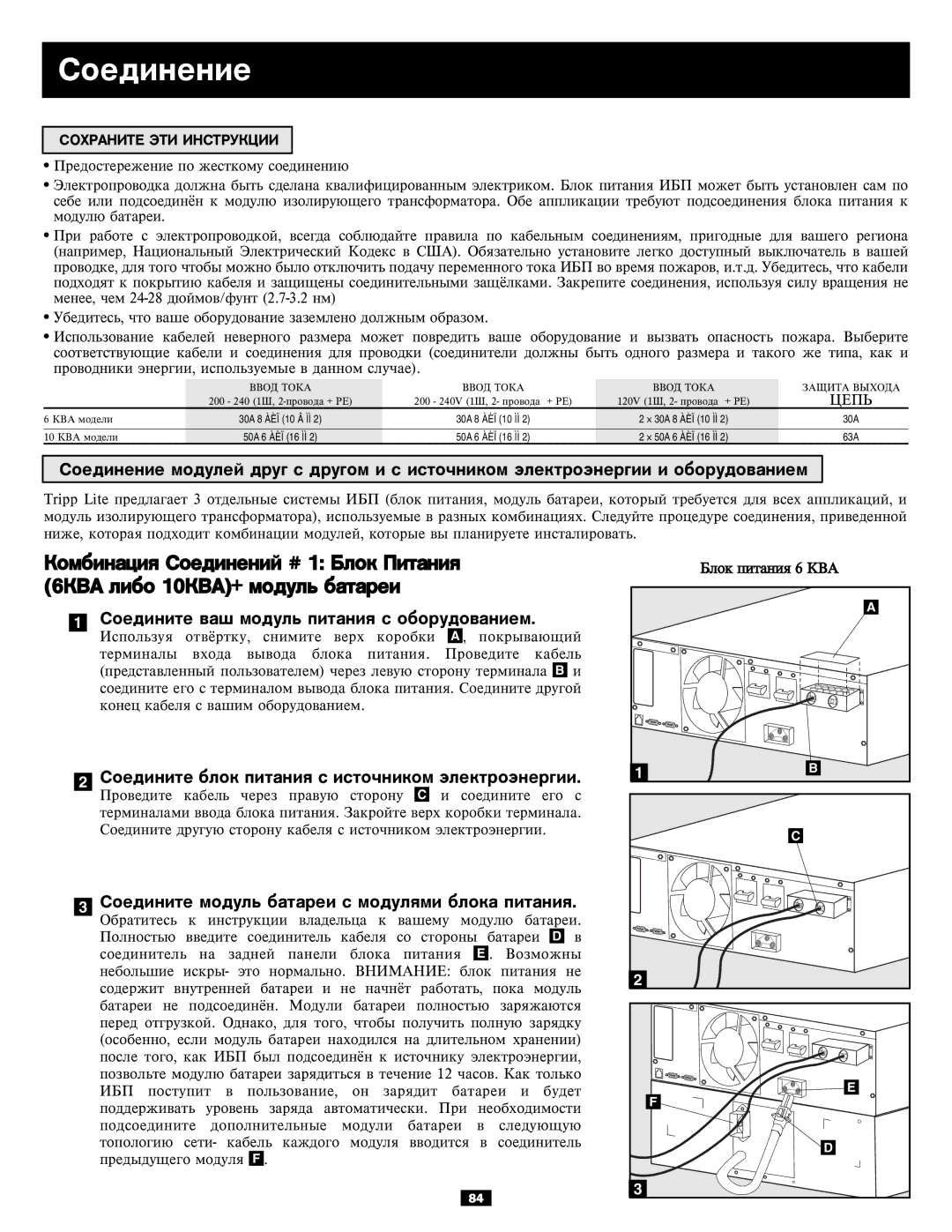 Tripp Lite 5kVA, 6kVA owner manual Ñîåäèíåíèå, Ñîåäèíèòå âàø ìîäóëü ïèòàíèÿ ñ îáîðóäîâàíèåì 