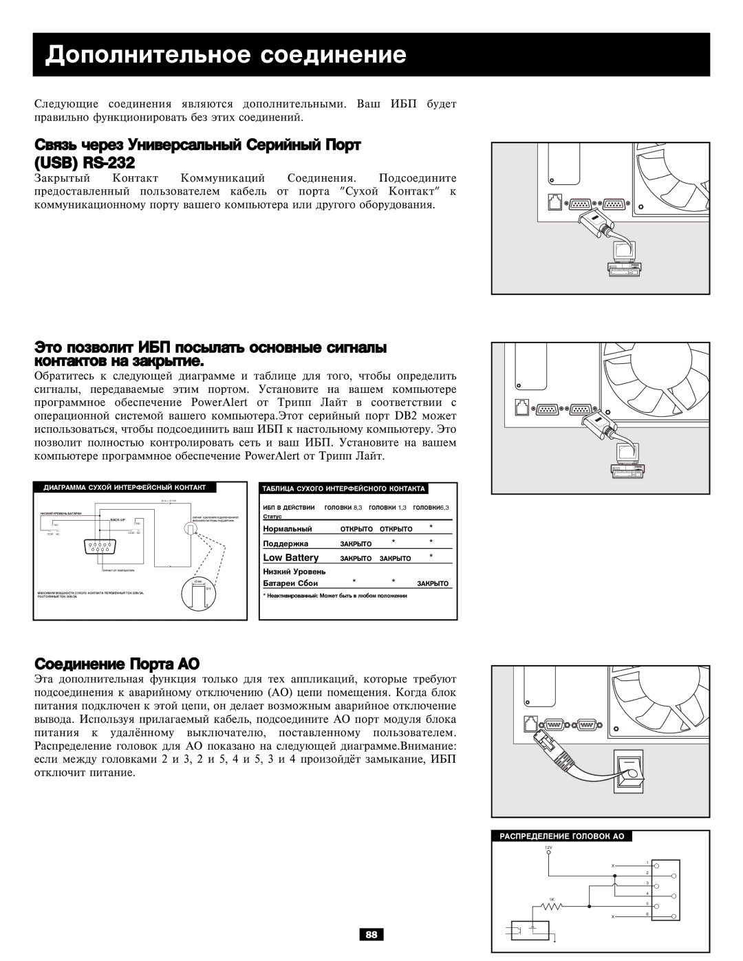 Tripp Lite 5kVA, 6kVA owner manual Äîïîëíèòåëüíîå ñîåäèíåíèå, Ñâÿçü ÷åðåç Óíèâåðñàëüíûé Ñåðèéíûé Ïîðò USB RS-232 