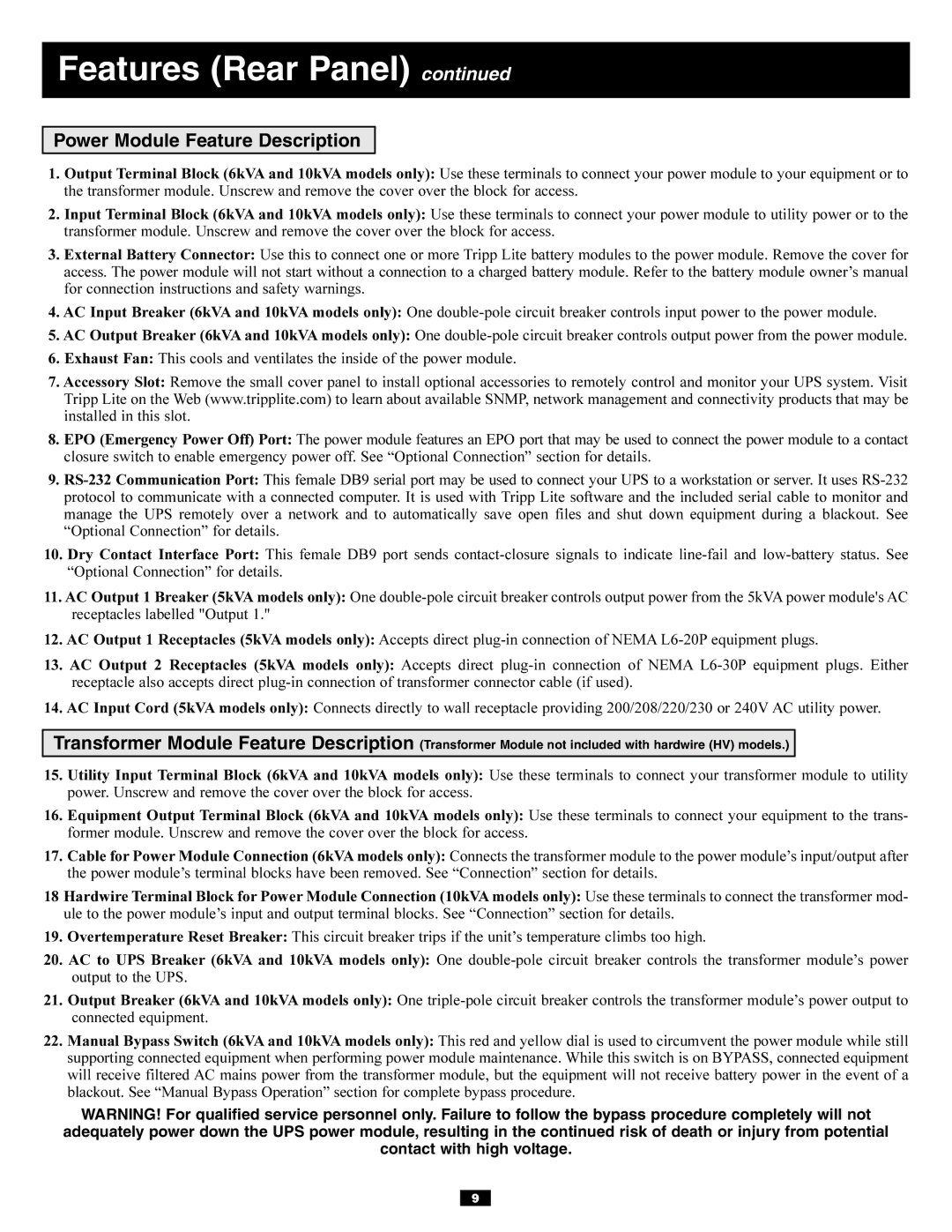 Tripp Lite 6kVA, 5kVA owner manual Features Rear Panel, Power Module Feature Description 