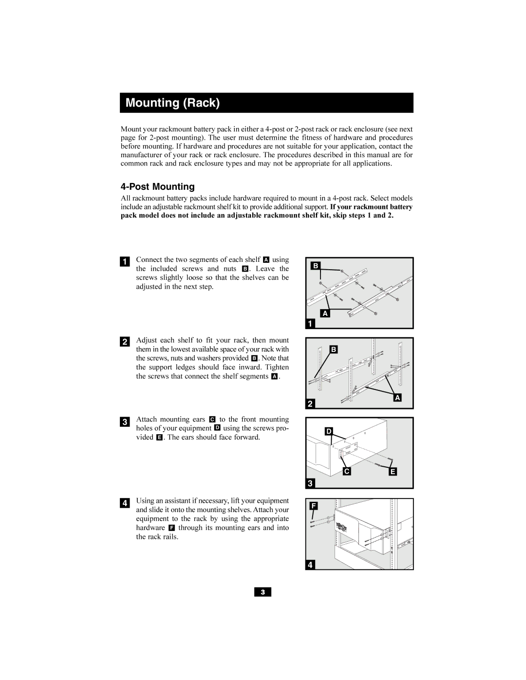 Tripp Lite 6kVA, 5kVA owner manual Mounting Rack, Post Mounting 