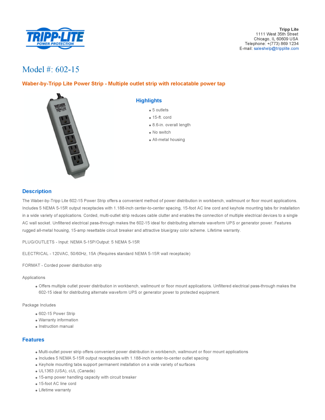 Tripp Lite 602-15 warranty Highlights, Description, Features, Model # 