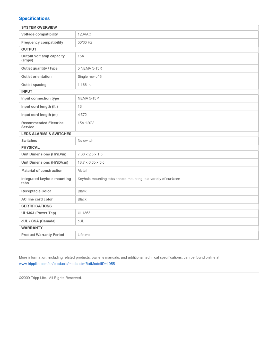 Tripp Lite 602-15 warranty Specifications 