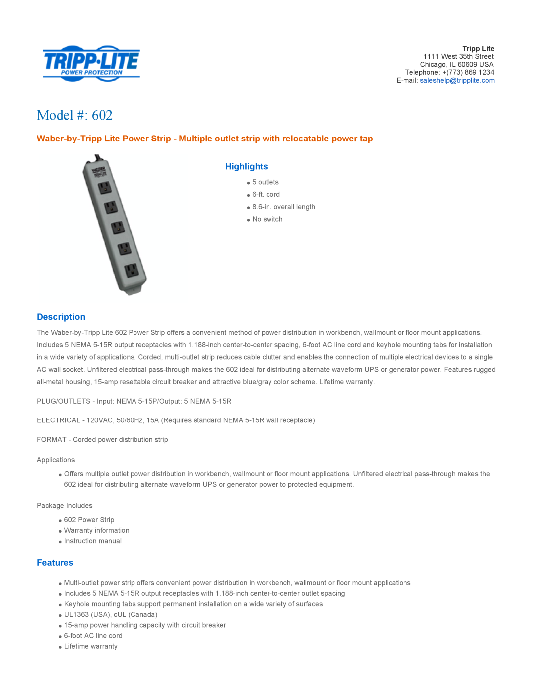 Tripp Lite 602 warranty Highlights, Description, Features, Model # 