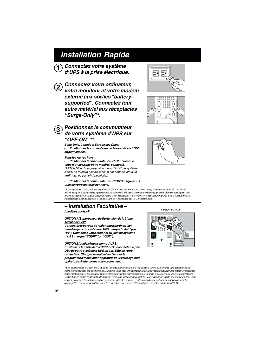 Tripp Lite 675 PNP, 450 PNP, 300 PNP owner manual Installation Rapide, Installation Facultative 