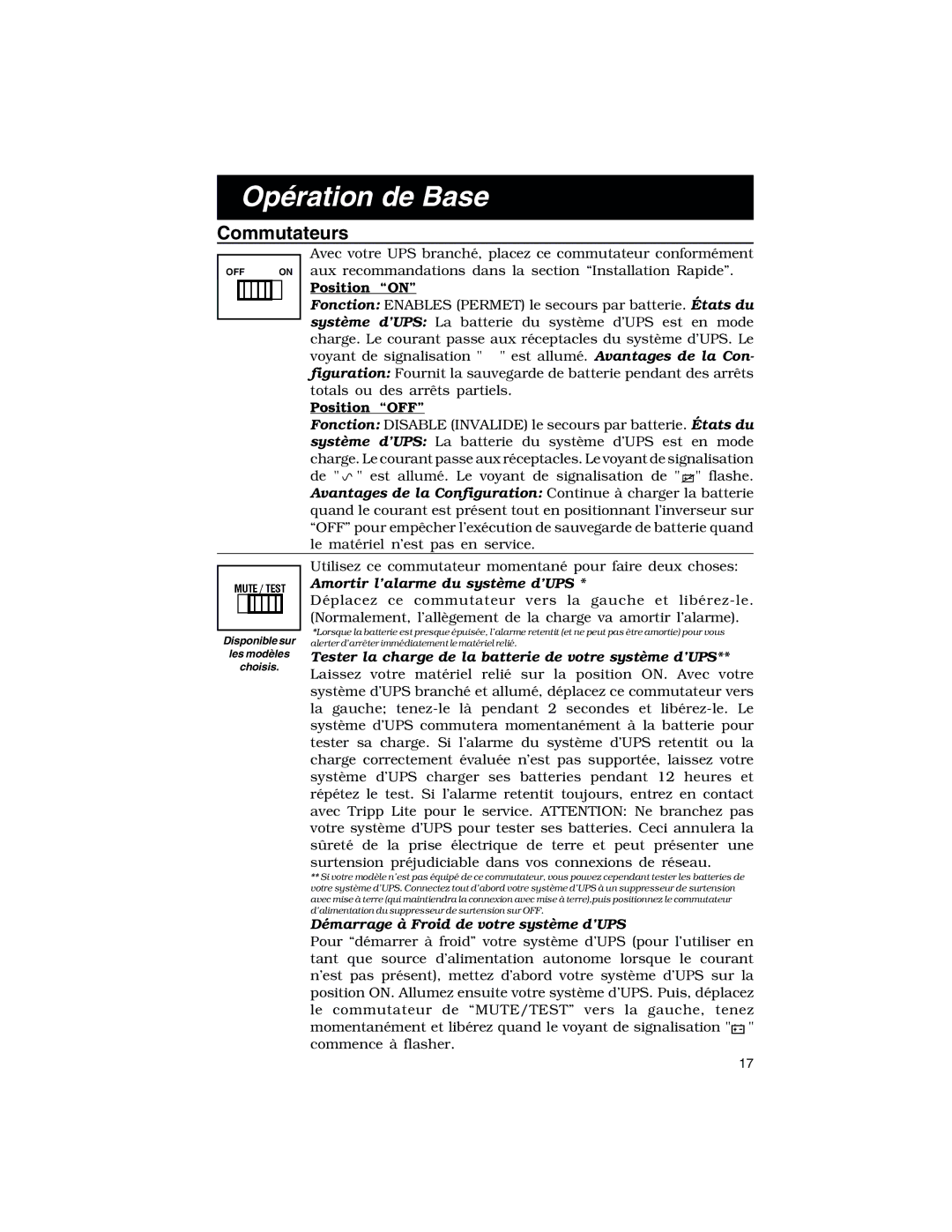 Tripp Lite 450 PNP, 675 PNP, 300 PNP owner manual Opération de Base, Commutateurs, Amortir l’alarme du système d’UPS 