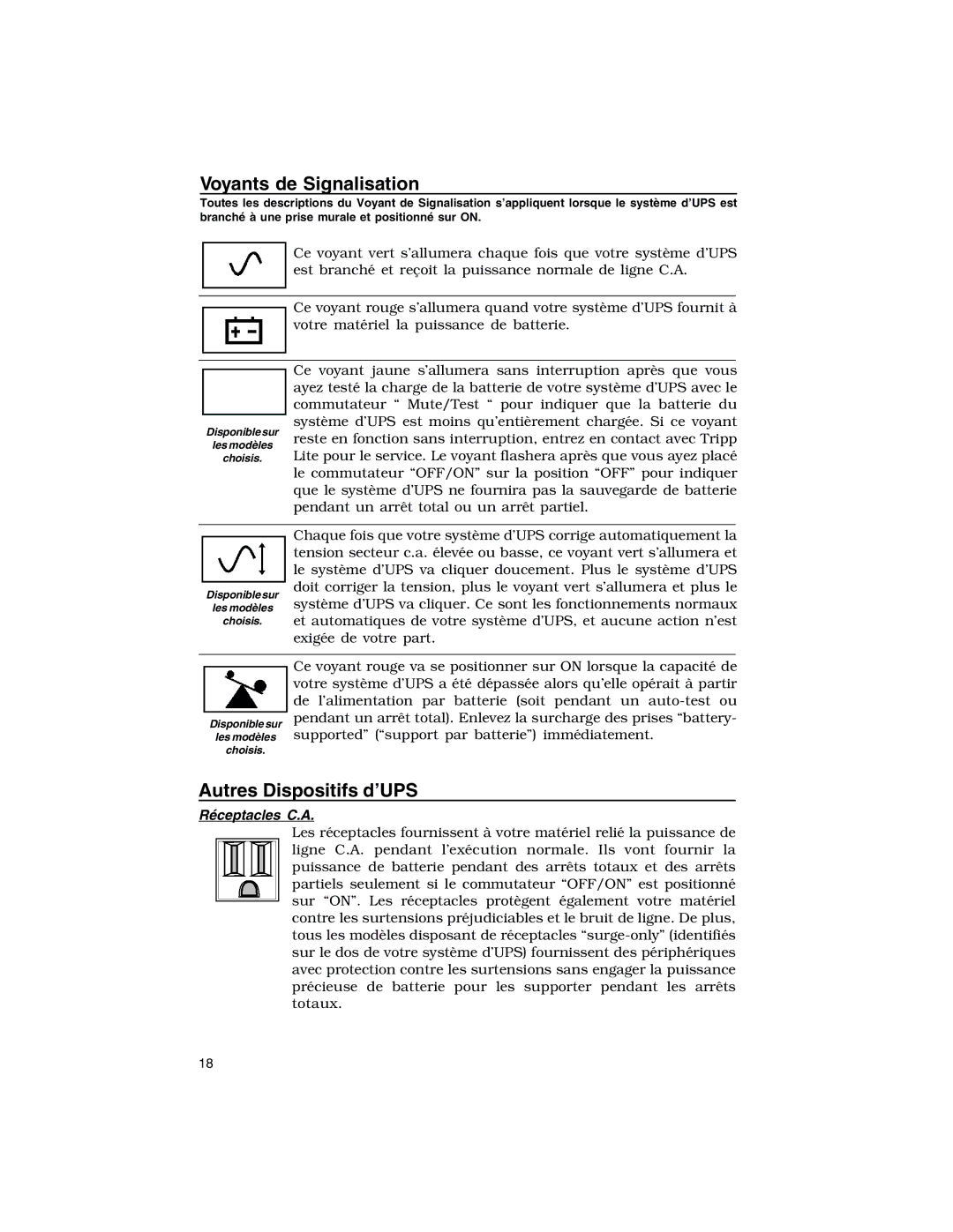 Tripp Lite 675 PNP, 450 PNP, 300 PNP owner manual Voyants de Signalisation, Autres Dispositifs d’UPS, Réceptacles C.A 