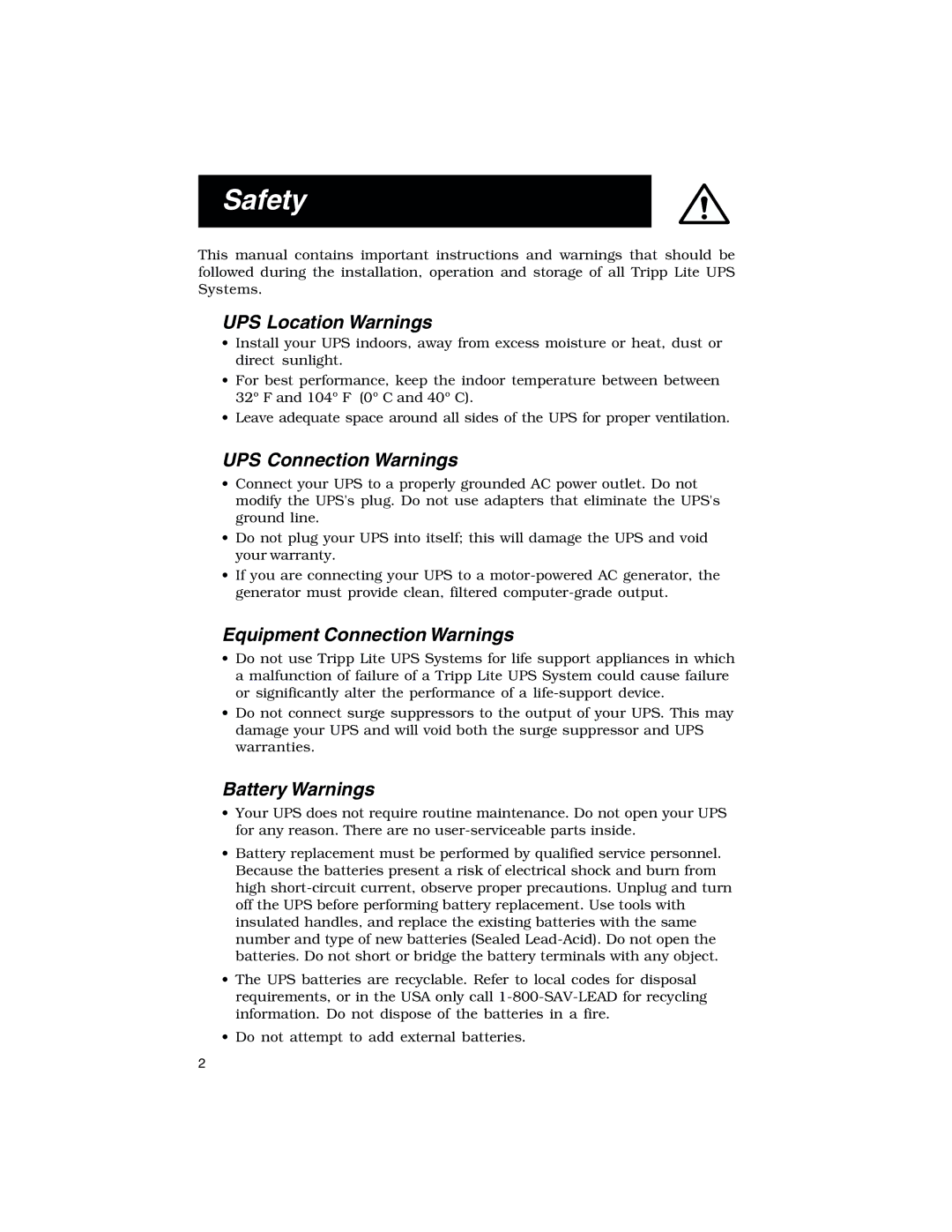Tripp Lite 675 Safety, UPS Location Warnings, UPS Connection Warnings, Equipment Connection Warnings, Battery Warnings 