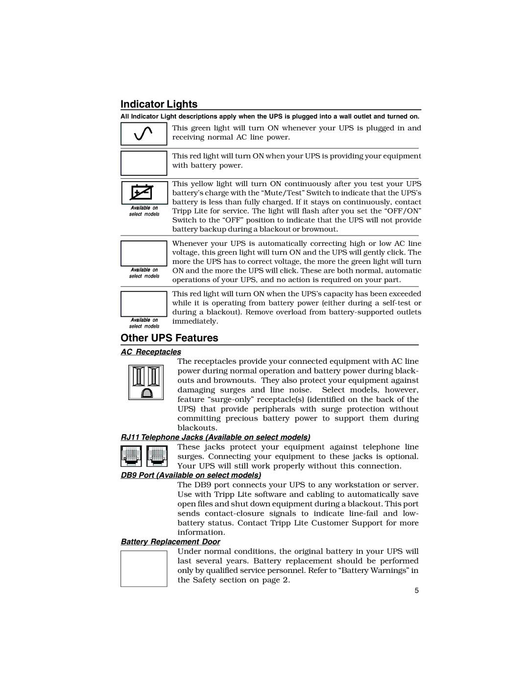 Tripp Lite 450 PNP, 675 PNP, 300 PNP owner manual Indicator Lights, Other UPS Features 