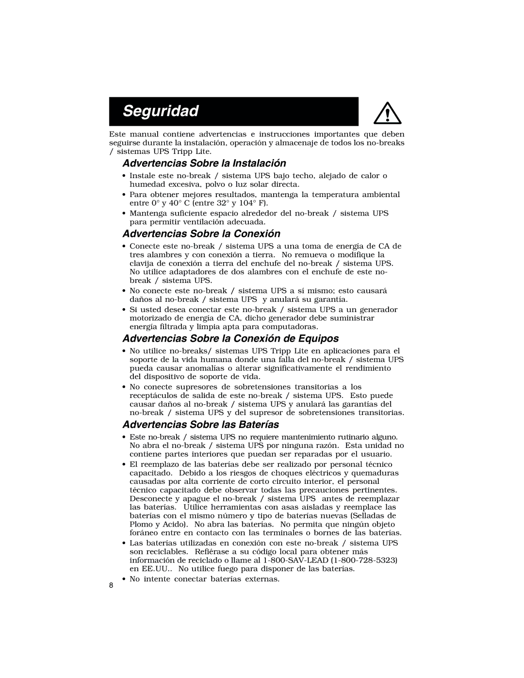 Tripp Lite 675 PNP, 450 PNP, 300 PNP Seguridad, Advertencias Sobre la Instalación, Advertencias Sobre la Conexión 