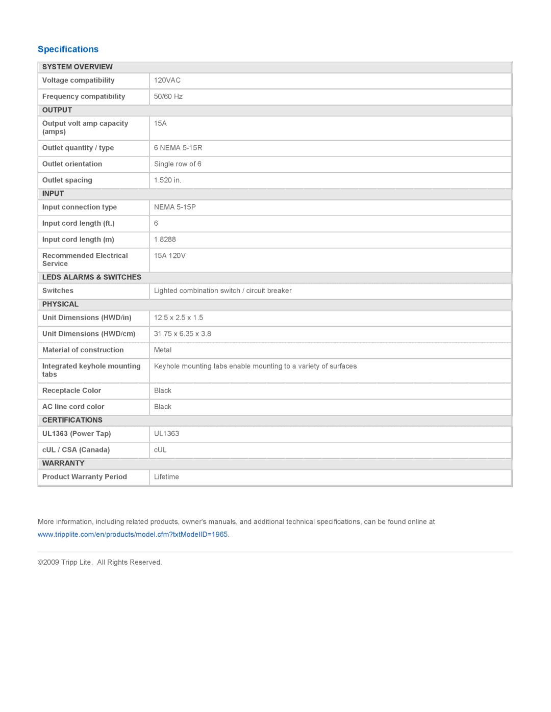 Tripp Lite 6NX6 warranty Specifications 