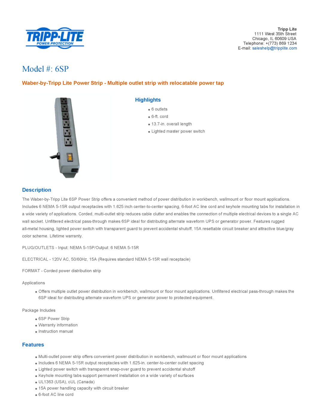 Tripp Lite warranty Model # 6SP, Highlights, Description, Features 