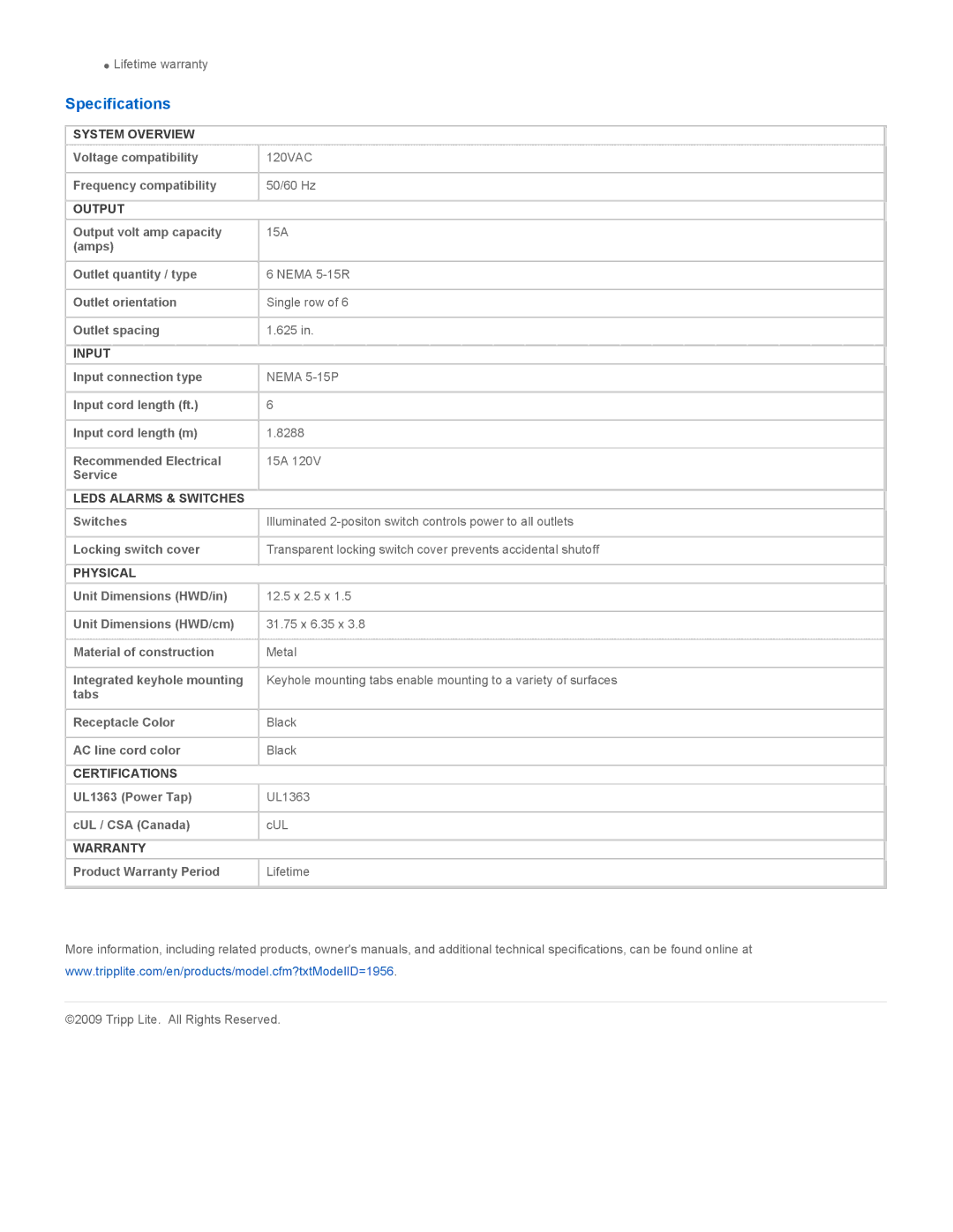 Tripp Lite 6SP warranty Specifications 