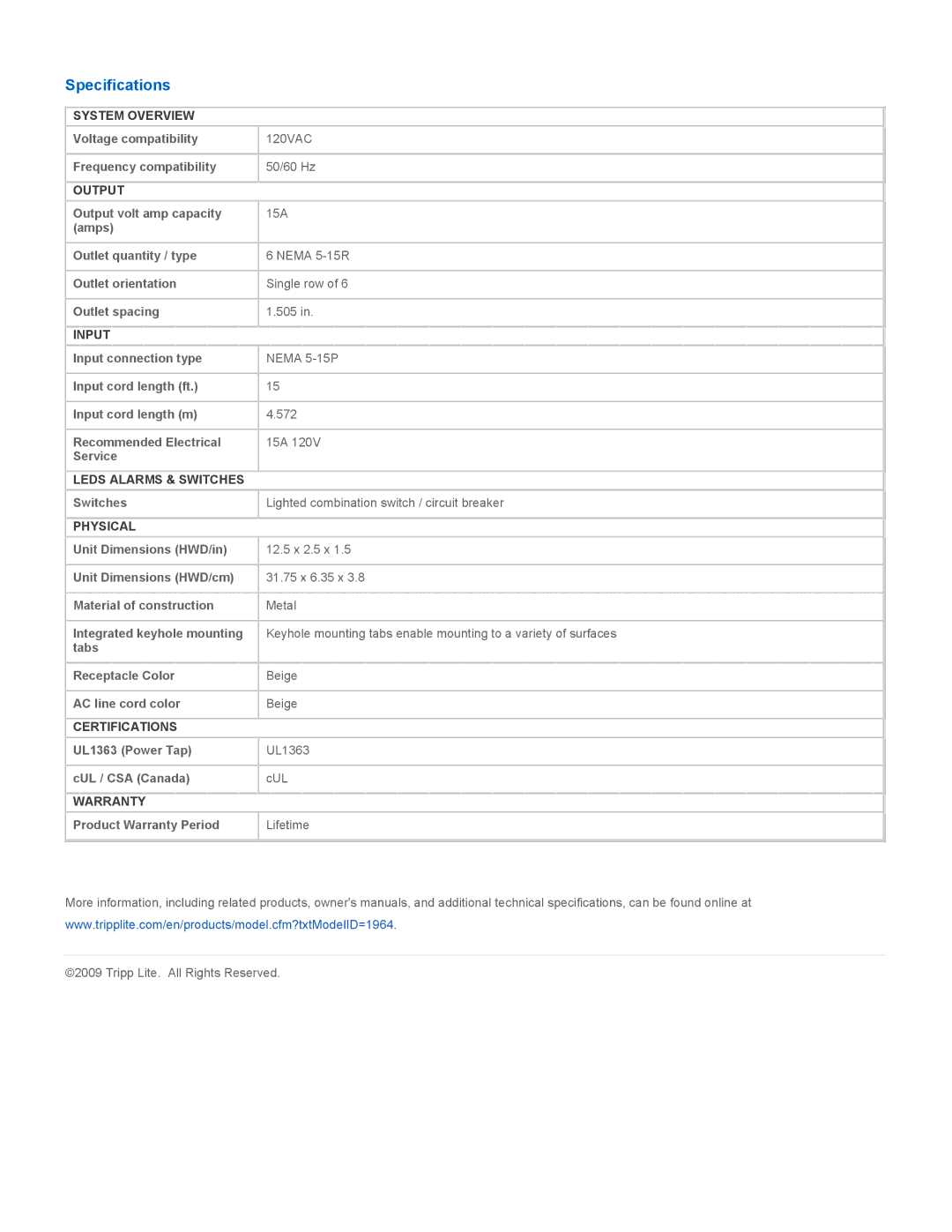 Tripp Lite 6SPDX-15 warranty Specifications 