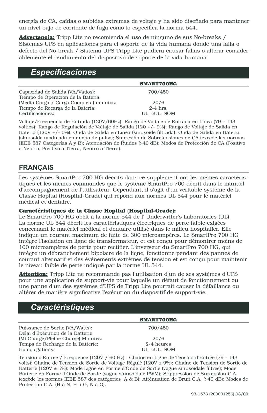 Tripp Lite 700 HG owner manual Especificaciones, Français, Caractéristiques de la Classe Hopital Hospital-Grade 