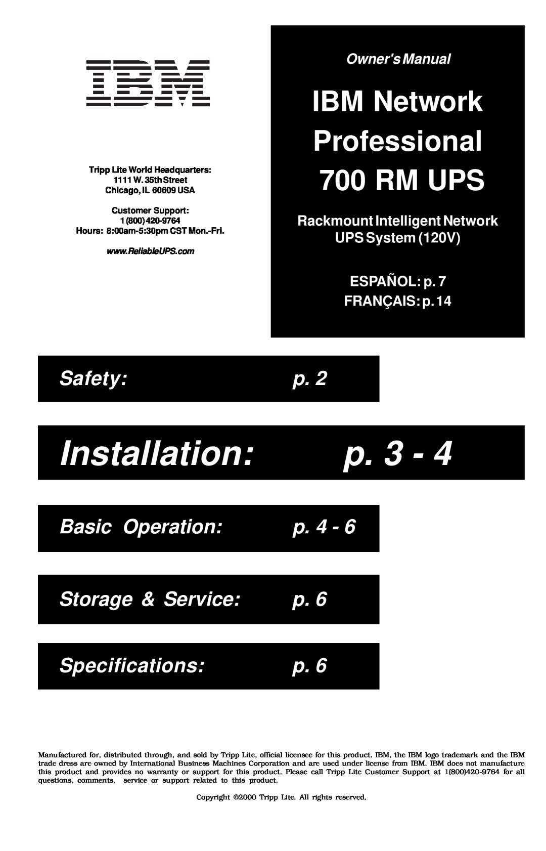 Tripp Lite owner manual Installation, p. 3, IBM Network Professional 700 RM UPS, Safety, Basic Operation, p. 4 