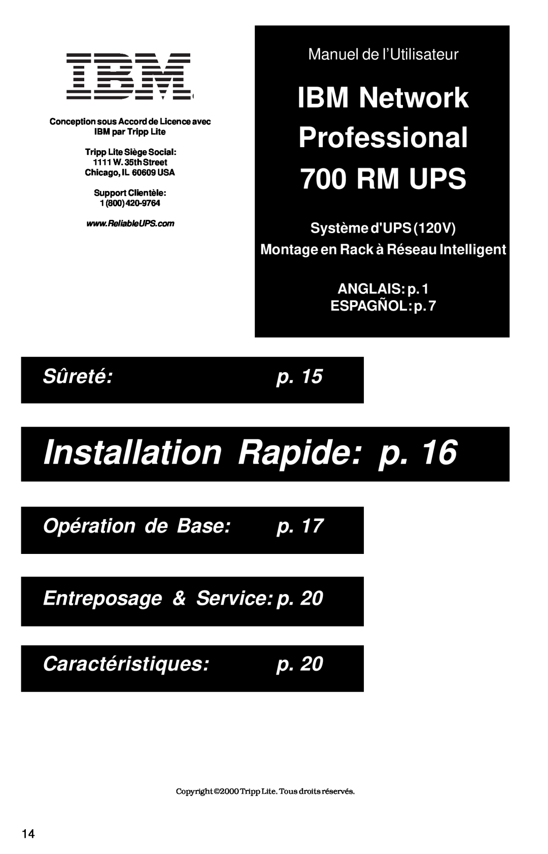 Tripp Lite 700 RM UPS Installation Rapide p, Sûreté, Opération de Base, Entreposage & Service p, Caractéristiques 