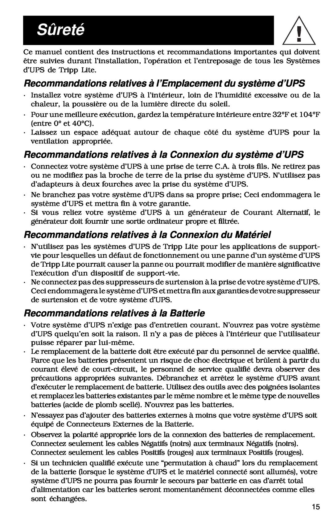 Tripp Lite 700 RM UPS owner manual Sûreté, Recommandations relatives à l’Emplacement du système d’UPS 