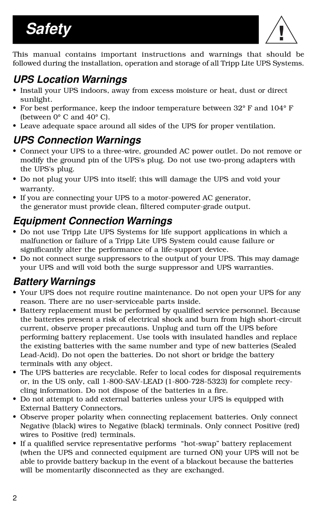 Tripp Lite 700 RM UPS owner manual Safety, UPS Location Warnings, UPS Connection Warnings, Equipment Connection Warnings 