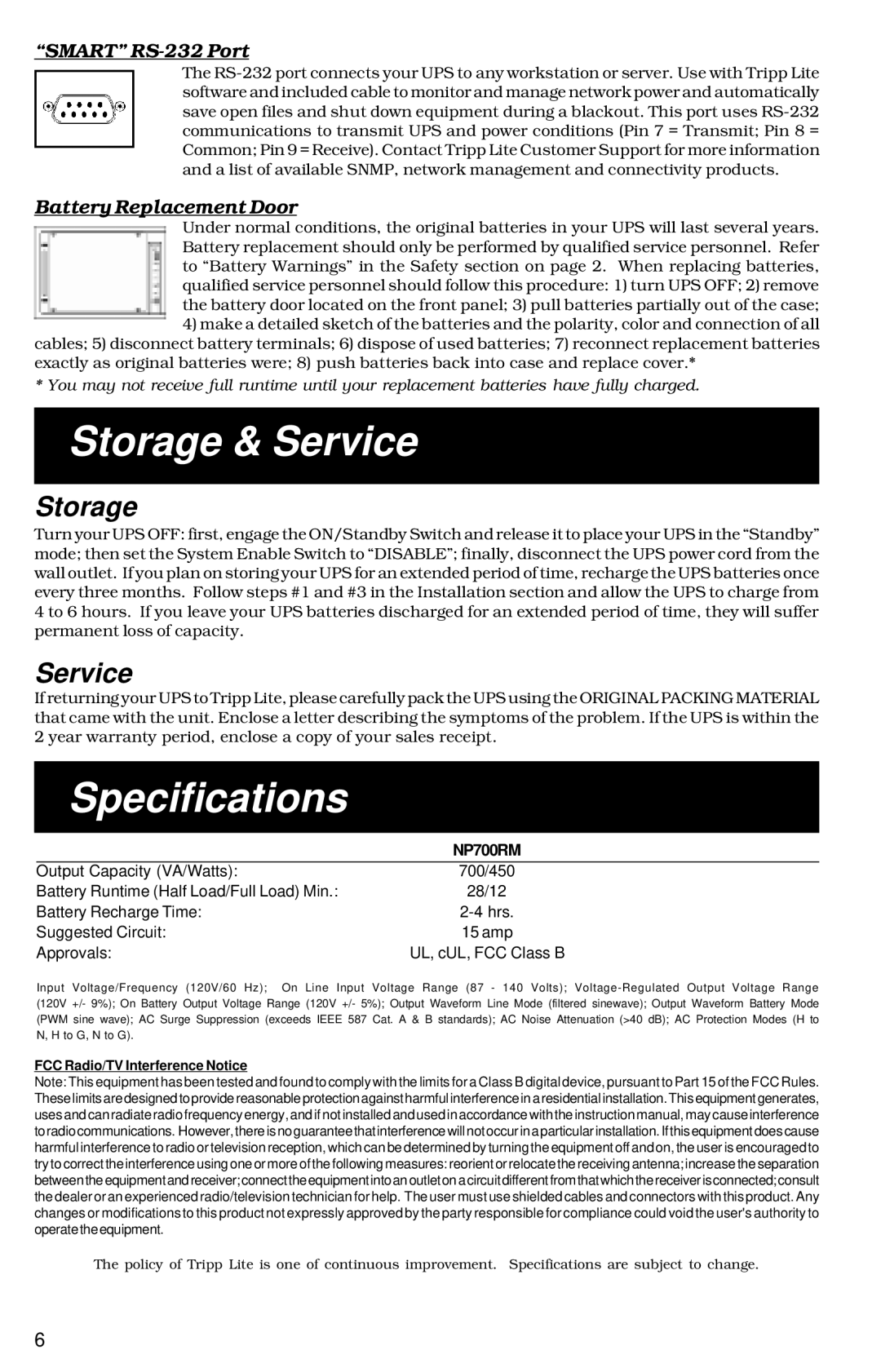 Tripp Lite 700 RM UPS owner manual Storage & Service, Specifications 