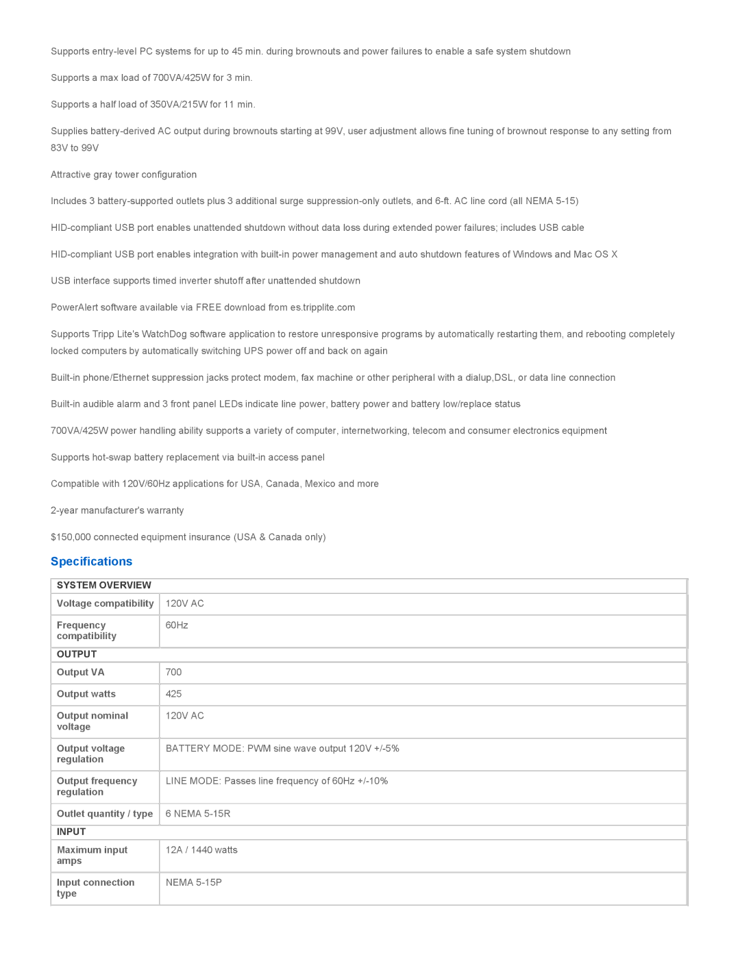 Tripp Lite 700 warranty Specifications, System Overview, Output, Input 