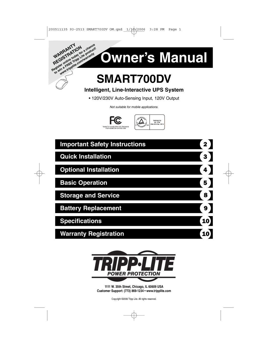 Tripp Lite owner manual SMART700DV, Intelligent, Line-Interactive UPS System 