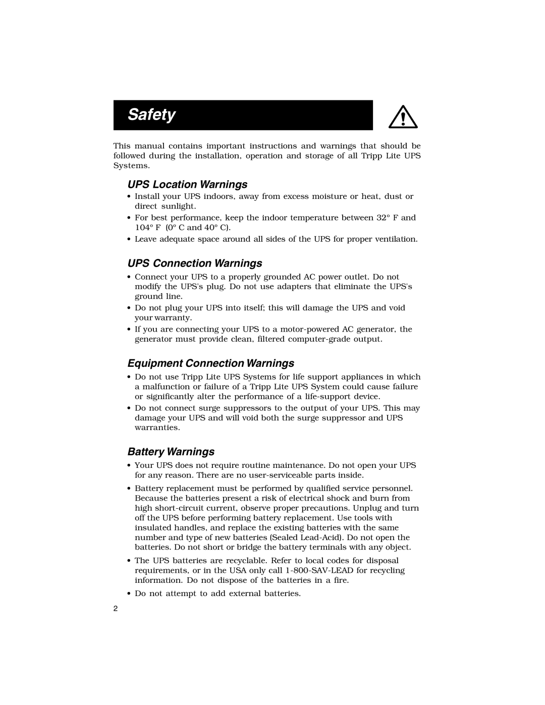 Tripp Lite 725 Safety, UPS Location Warnings, UPS Connection Warnings, Equipment Connection Warnings, Battery Warnings 