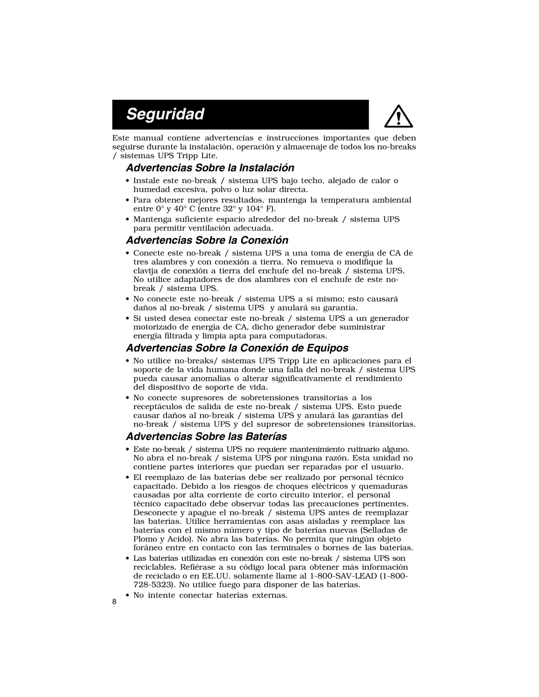 Tripp Lite 725 owner manual Seguridad, Advertencias Sobre la Instalación, Advertencias Sobre la Conexión 