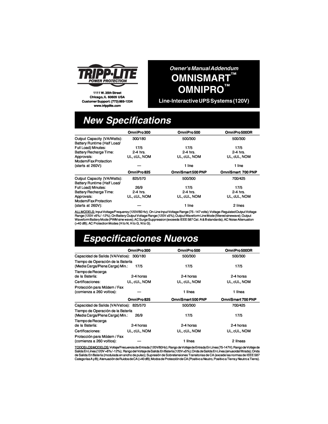Tripp Lite 700 PNP owner manual New Specifications, Especificaciones Nuevos, Omnismart Omnipro, Owners Manual Addendum 