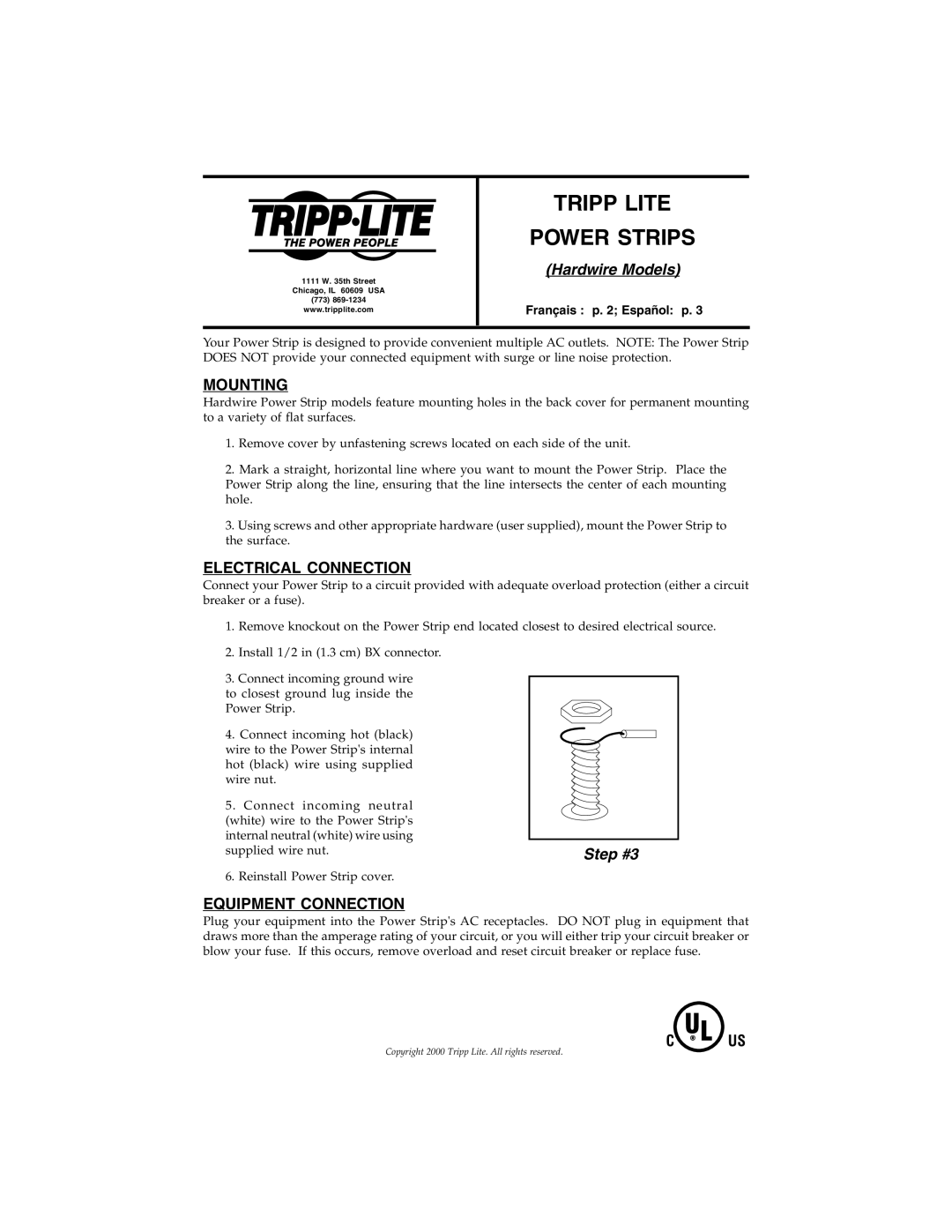 Tripp Lite 93-1819B manual Tripp Lite Power Strips, Hardwire Models, Step #3 