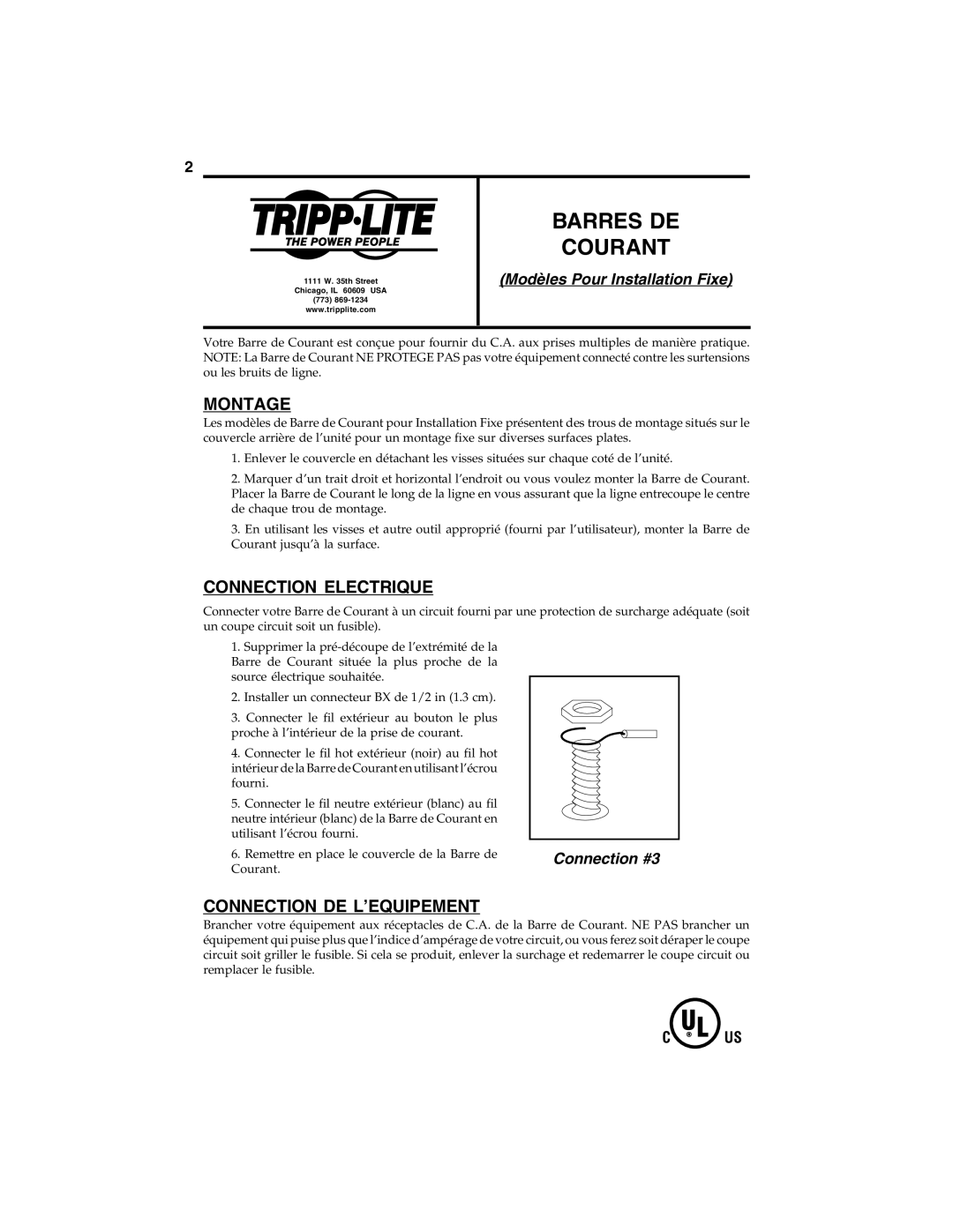 Tripp Lite 93-1819B manual Barres DE Courant, Montage, Connection Electrique, Connection DE L’EQUIPEMENT 