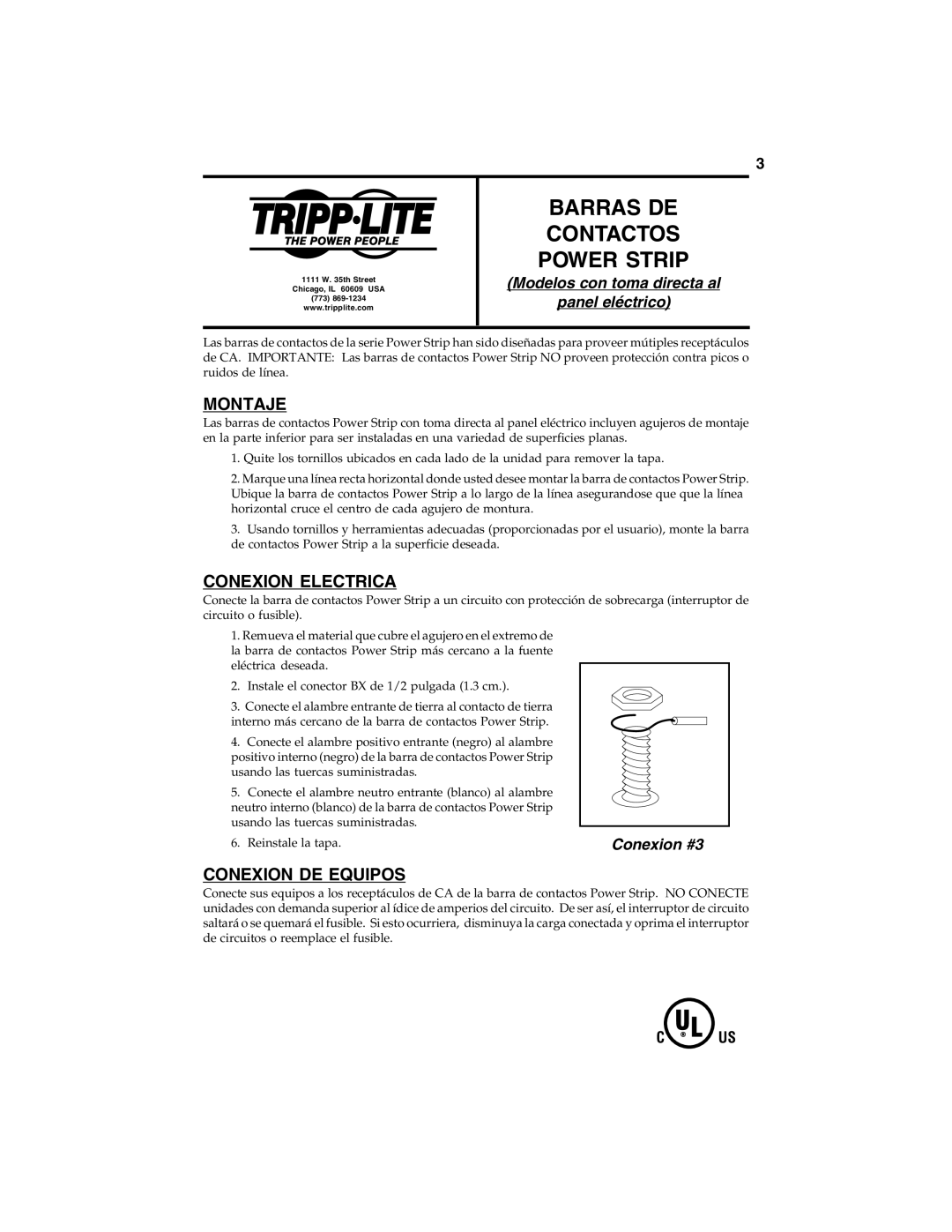 Tripp Lite 93-1819B manual Barras DE Contactos Power Strip, Montaje, Conexion Electrica, Conexion DE Equipos 