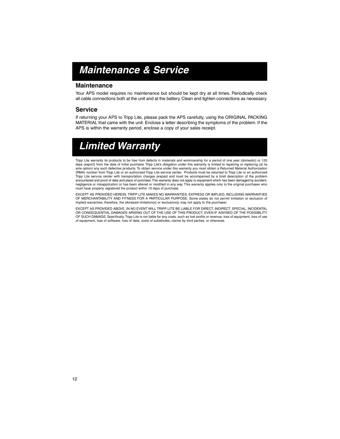 Tripp Lite 93-1911 warranty Maintenance & Service, Limited Warranty 