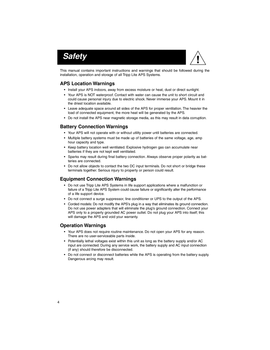 Tripp Lite 93-1911 warranty Safety, APS Location Warnings, Battery Connection Warnings, Equipment Connection Warnings 