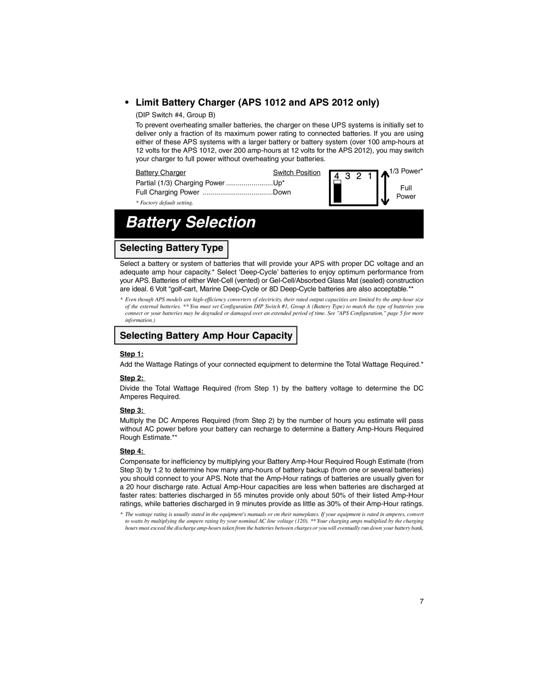 Tripp Lite 93-1911 Battery Selection, Limit Battery Charger APS 1012 and APS 2012 only, Selecting Battery Type, Step 