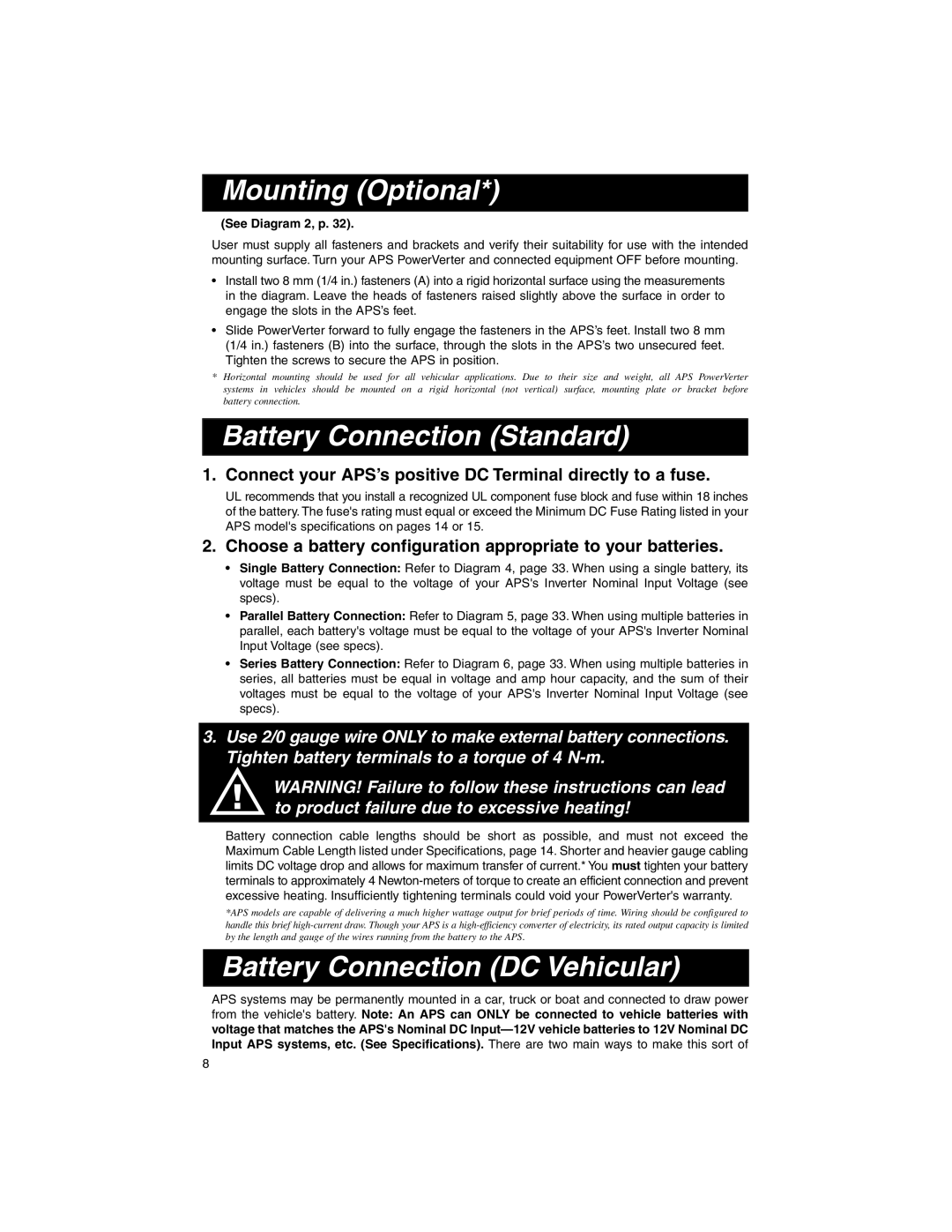 Tripp Lite 93-1911 Mounting Optional, Battery Connection Standard, Battery Connection DC Vehicular, See Diagram 2, p 