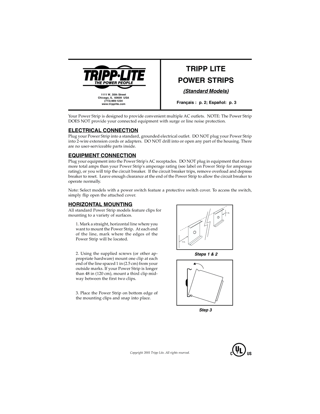 Tripp Lite 93-1990 (200108029) user service Tripp Lite Power Strips, Standard Models, Electrical Connection 