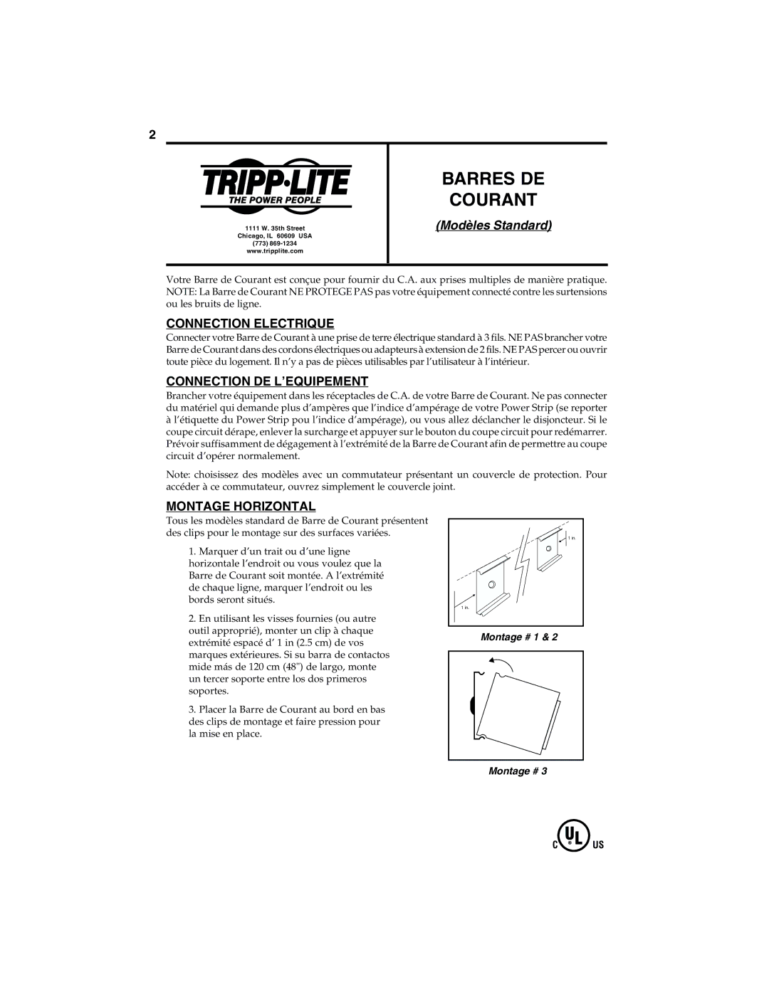 Tripp Lite 93-1990 (200108029) Barres DE Courant, Modèles Standard, Connection Electrique, Connection DE L’EQUIPEMENT 