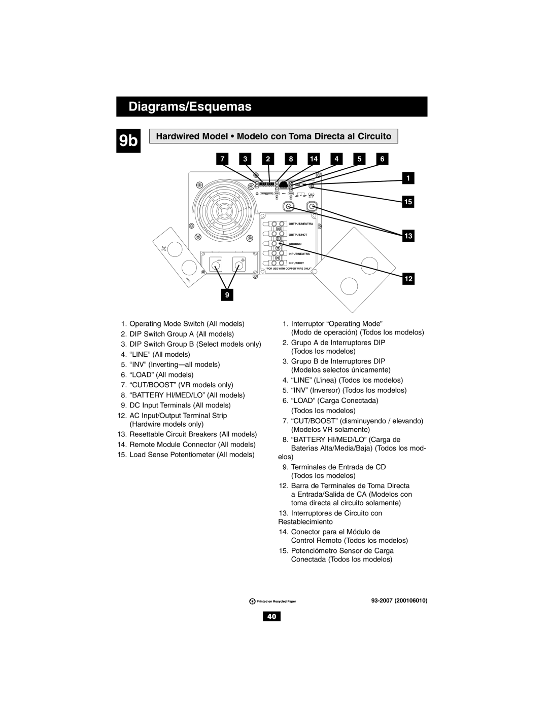 Tripp Lite 93-2007 (200106010) owner manual Hardwired Model Modelo con Toma Directa al Circuito 