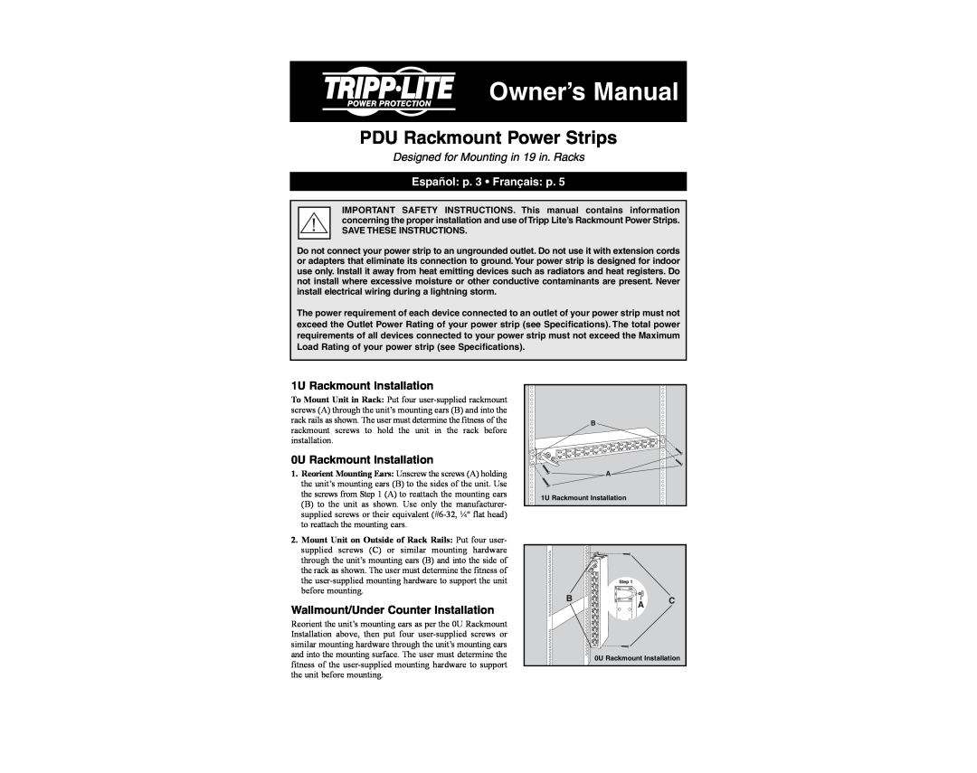 Tripp Lite 93-2120_ES owner manual 1U Rackmount Installation, 0U Rackmount Installation, Owner’s Manual 