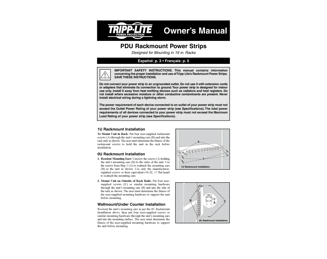 Tripp Lite 93-2120_ES owner manual 1U Rackmount Installation, 0U Rackmount Installation 