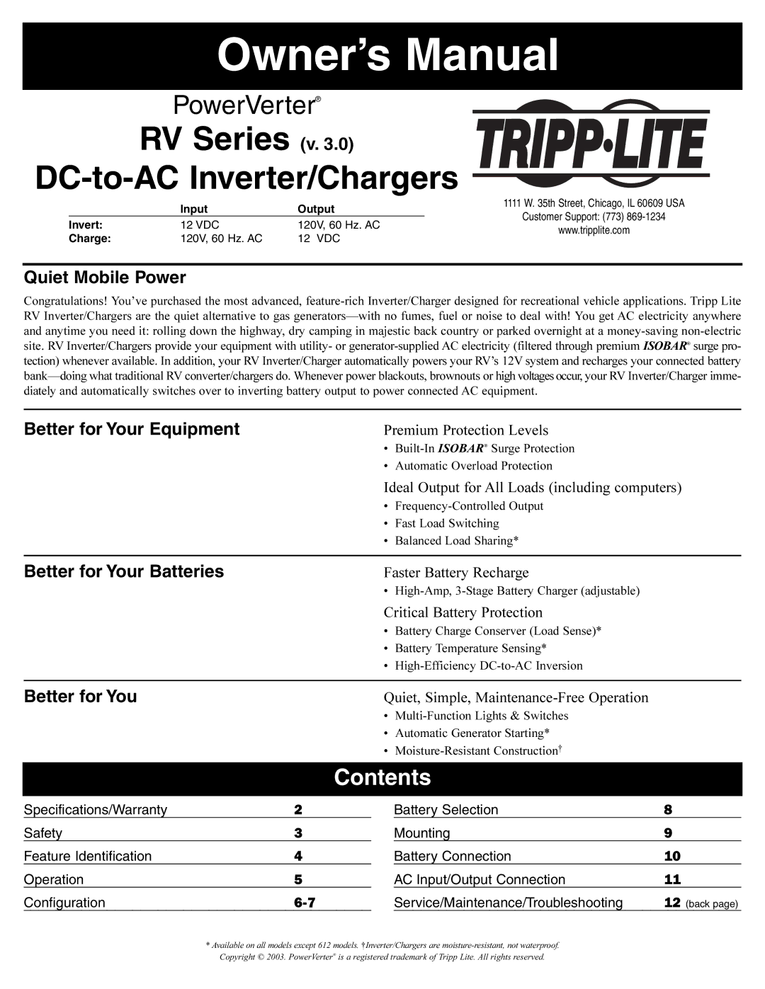 Tripp Lite 200510095, 93-2144 owner manual RV Series v DC-to-AC Inverter/Chargers, Contents 