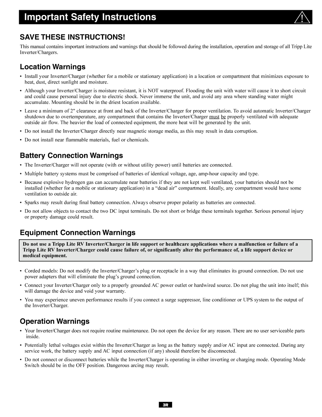 Tripp Lite 200510095 Important Safety Instructions, Location Warnings, Battery Connection Warnings, Operation Warnings 