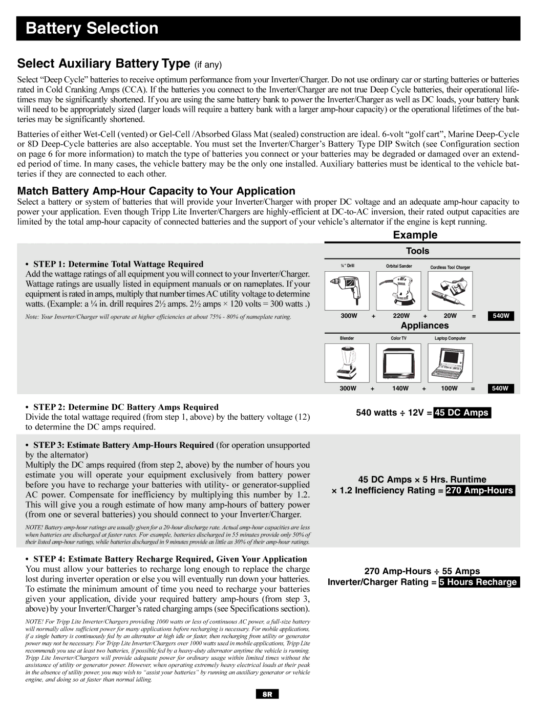 Tripp Lite 93-2144, 200510095 Battery Selection, Select Auxiliary Battery Type if any, Determine Total Wattage Required 