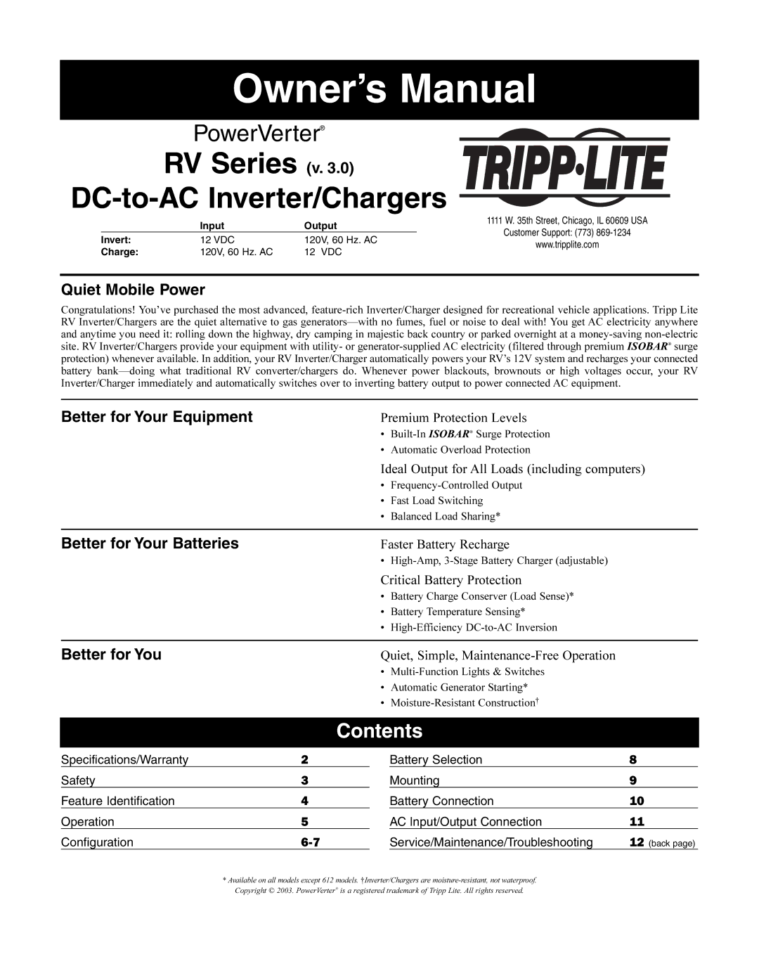 Tripp Lite 200310080, 93-2182 owner manual RV Series v DC-to-AC Inverter/Chargers, Contents 