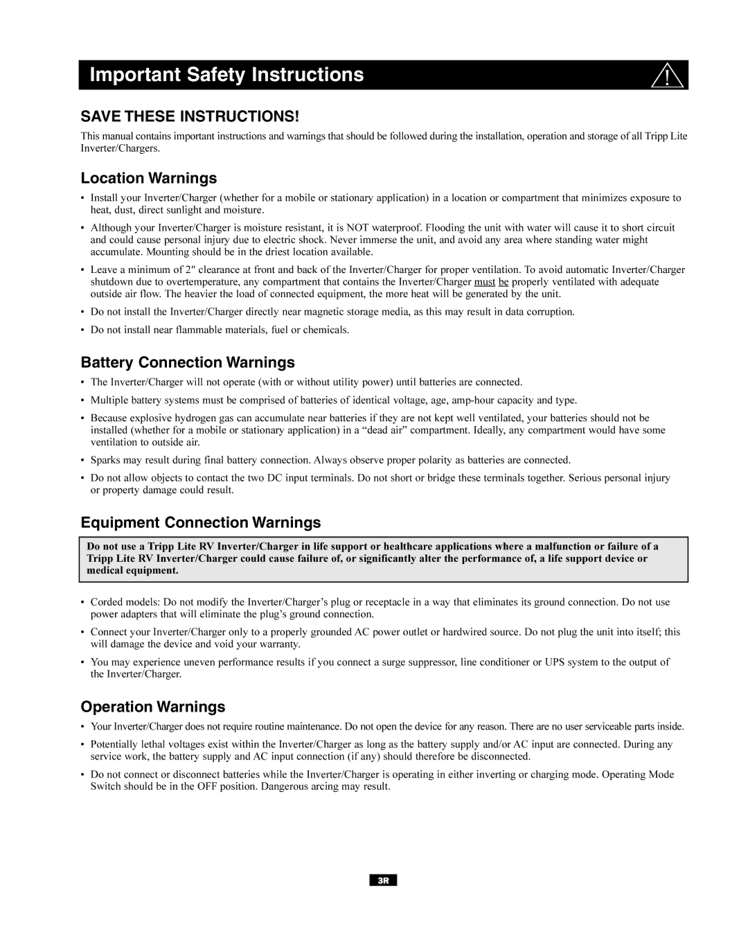 Tripp Lite 200310080 Important Safety Instructions, Location Warnings, Battery Connection Warnings, Operation Warnings 