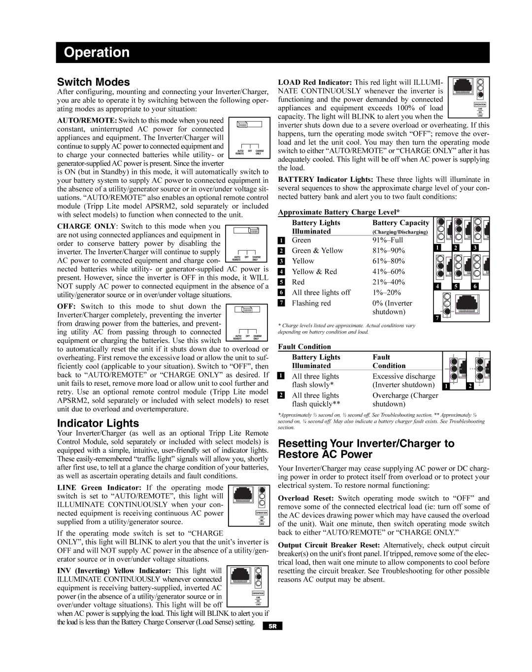 Tripp Lite 200310080 Operation, Switch Modes, Indicator Lights, Resetting Your Inverter/Charger to Restore AC Power 