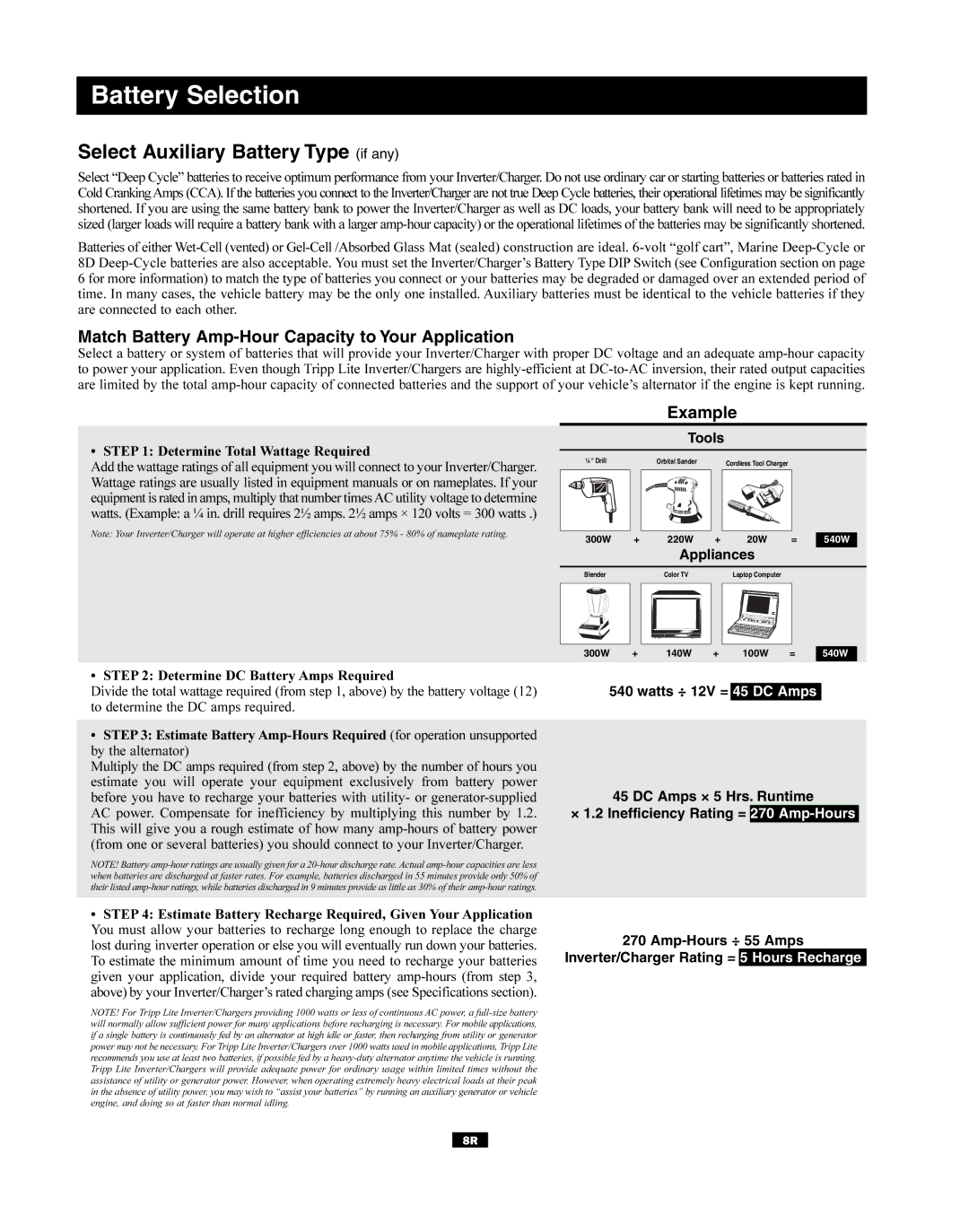 Tripp Lite 93-2182, 200310080 owner manual Battery Selection, Select Auxiliary Battery Type if any 