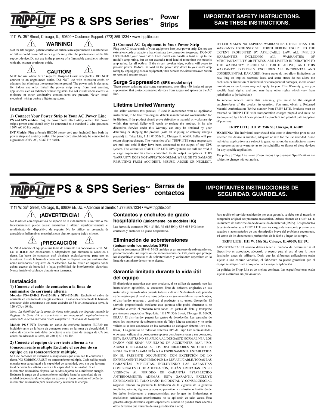 Tripp Lite 93-2216 important safety instructions Surge Suppression SPS model only, Installation, Lifetime Limited Warranty 