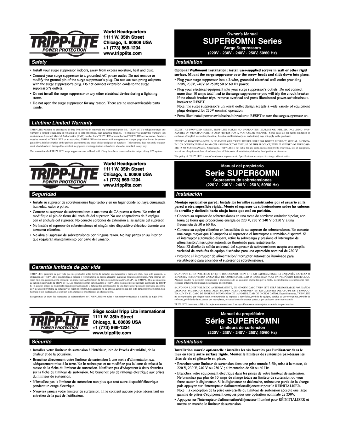 Tripp Lite 93-2234 owner manual SUPER6OMNI Series, Serie SUPER6OMNI, Série SUPER6OMNI, Safety, Lifetime Limited Warranty 